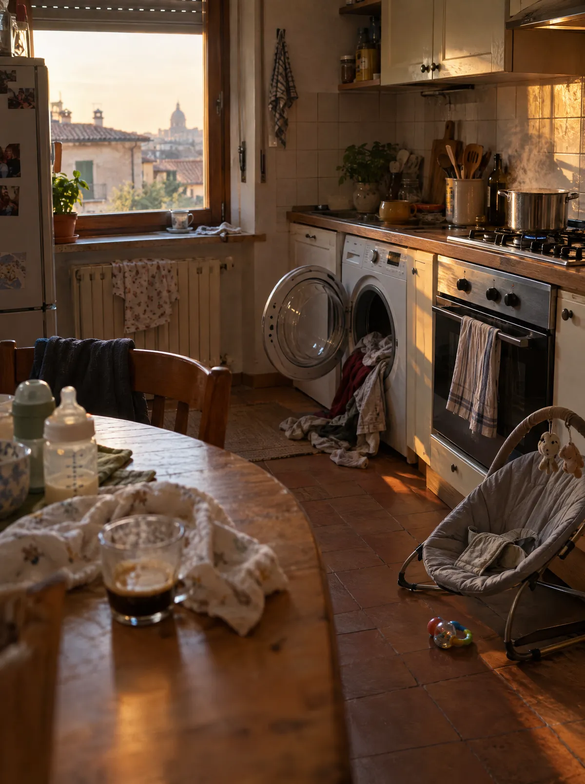 La cucina nel tardo pomeriggio, pentola sul fuoco e lavatrice aperta